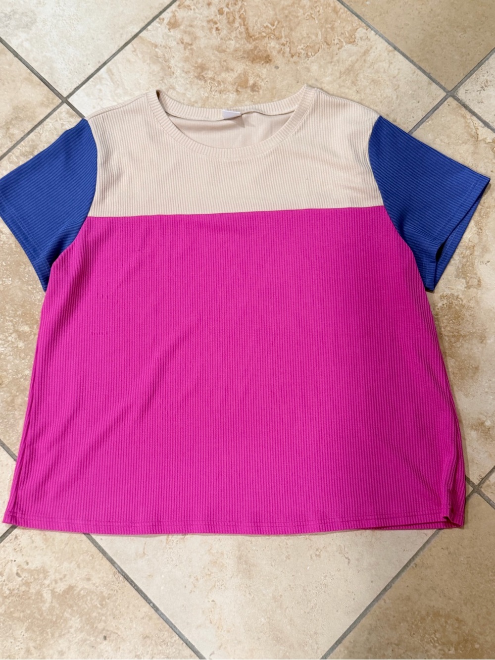 Women’s Colorblock Ribbed Tee in Hot Pink, Cream & Blue